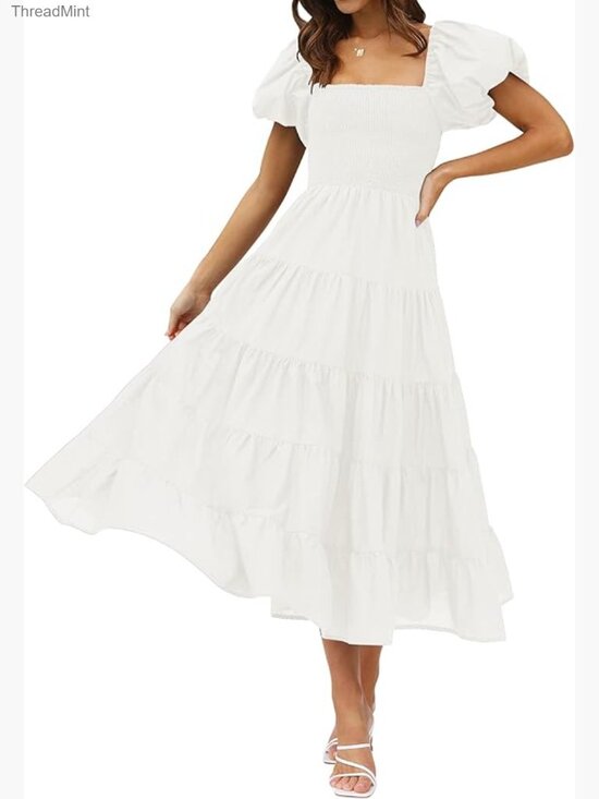 Dresses & Skirts - Summer Square Neck Puff Sleeve Smocked Midi Dress High Waist Flowy Tiered